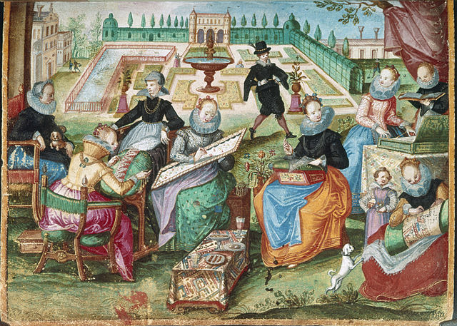 Ladies_in_a_garden_embroidering_-_Album_Amicorum_of_Gervasius_Fabricius_(1603-1637),_f.50_-_BL_Add_MS_17025