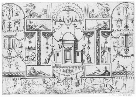 Dessin noir et blanc préparatoire dans la tradition de la Renaissance italienne pour la voûte de la galerie. Des zones bien délimitées et des voutes de forme symétrique contiennent des figures et des scènes de la mythologie.