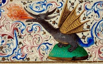 Enluminure dans une marge où un dragon noir est de profil, perché sur un monticule d'herbe et crache du feu le cou tendu