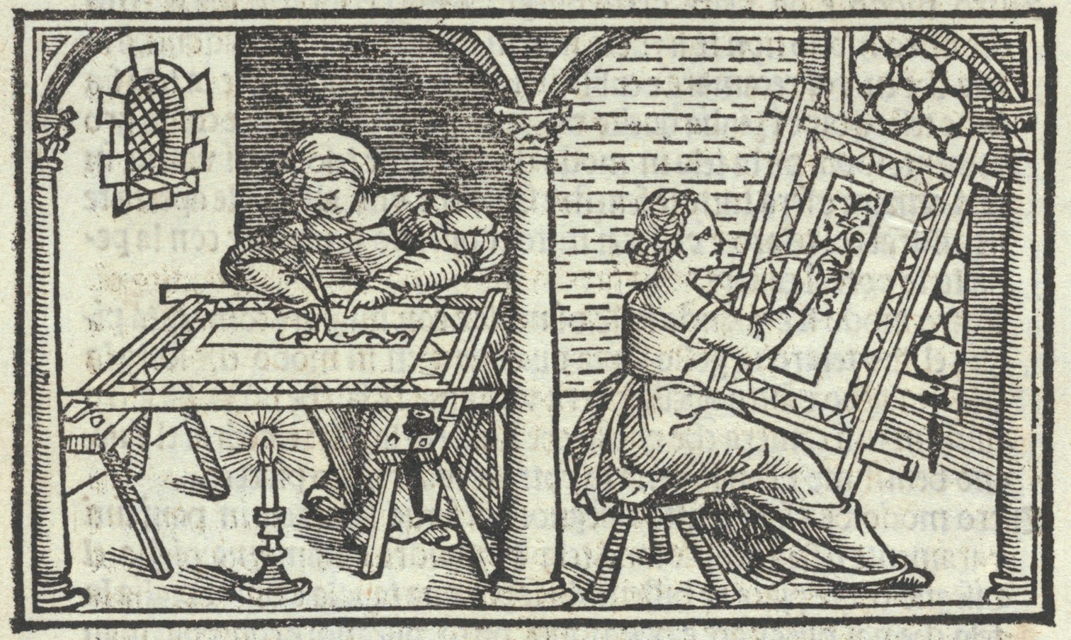 Gravure avec 2 viegnettes, représentant des femmes, sur un métier de broderie, en train de tracer des motifs à la plume sur le tissu.